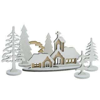 Zasněžená vesnička dřevěná + 5 stromečků 19,5 cm (Vánoční vesnice ze dřeva)