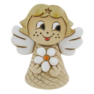 Zvonek anděl s bílou květinkou 8 cm (Keramický zvonek andílek s kytičkou)