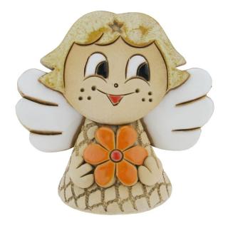Zvonek anděl s oranžovou kytičkou 13 cm (Keramický zvonek andílek s květinkou)