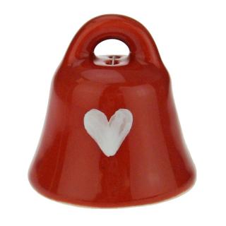 Zvonek červený se srdíčkem 6,5 cm (Keramický zvoneček srdce)