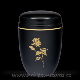 Ocelová urna černá s růží a zlatým páskem
