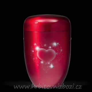Ocelová urna červenovínové barvy s motivem srdce