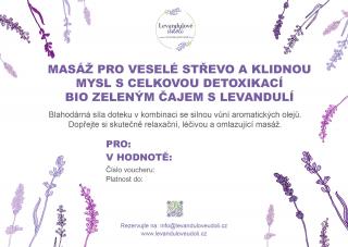 Masáž pro veselé střevo a klidnou mysl s celkovou detoxikací BIO zeleným čajem s levandulí  60 minut Voucher: Elektronický voucher