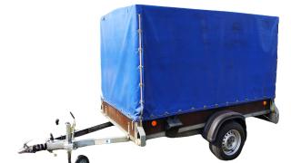 Plachta na přívěsný vozík modrá - výroba na míru (na konstrukci - se zavíráním)