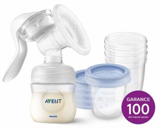 Manuální odsávačka mateřského mléka Natural + VIA pohárky 180 ml 5 ks| Philips Avent (Jemná, rychlá, tichá a pohodlná manuální odsávačka mateřského mléka)