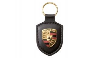 Porsche Crest Keyring Essential Přívěsek na klíče černý (Exkluzivní přívěsek na klíče s erbem Porsche vyrobený z pravé kůže)