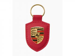Porsche Crest Keyring Essential Přívěsek na klíče červený (Exkluzivní přívěsek na klíče s erbem Porsche vyrobený z pravé kůže)