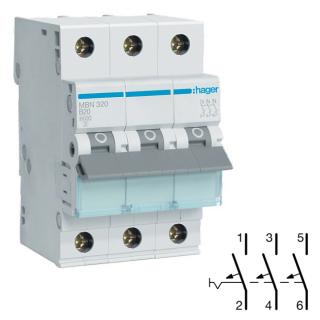 HAGER MBN320 Jistič 3 pól. 20A, charakteristika B, 6 kA (HAGER MBN320)