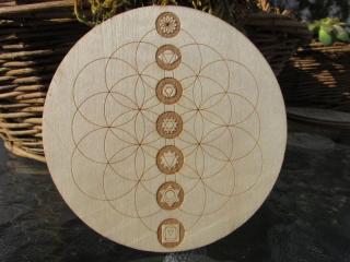 Květ života  Čakry - dřevěný, 10cm (dřevěný Květ života, symbol 7 čaker, posvátná geometrie)
