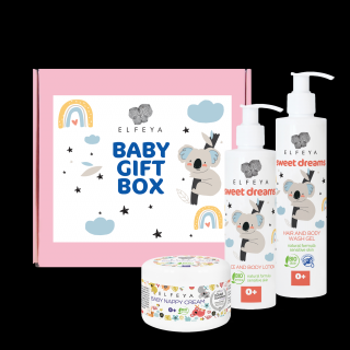 BABY BOX SWEET DREAMS - Set 3 produktů pro děti 0+ (Dárkový set pro děti 0+ se třemi produkty: Sprchový gel 2v1 250 ml,  Tělové mléko 200 ml a Nappy krém proti zapařeninám 100 ml. Krásný dárek pro maminku a miminko!)