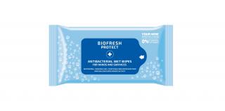 Biofresh Protect Antibakteriální ubrousky na ruce a povrchy s benzalkonium chloride, s růžovou vodou a stříbrnou vodou 15 ks (bez etanolu)