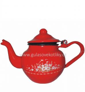 čajník buclák smaltovaný s květy 1,25  l (konvice na čaj červená smaltovaná s květy)