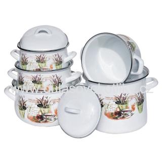 Pětidílná souprava nádobí levandule  (pětidílná souprava bílého smaltovaného nádobí s potiskem levandulí)