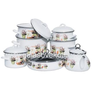 Sedmidílná souprava nádobí levandule s čajníkem a pánví 26 cm (sedmidílná souprava bílého smaltovaného nádobí s potiskem levandulí)
