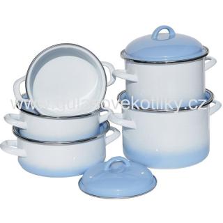 Souprava pětidílná smaltovaného nádobí Ema-Lion modrý stín (souprava nádobí smalt bílé s modrým stínem)