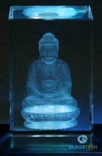 3D BUDHA - skl. kvádr 50 x 50 x 80 mm  (Laserovaný 3D BUDHA ve skleněném hranolu 50 x 50 x 80 mm)