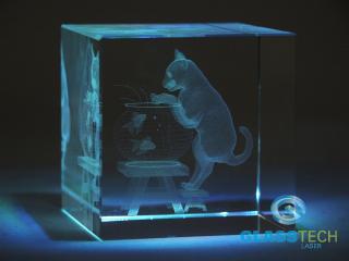 3D kočka ve skleněné krychli 60 mm (Laserovaná 3D kočka ve skleněné kostce 60 x 60 x 60 mm)