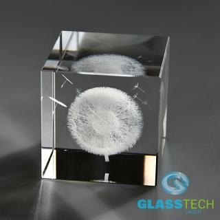 3D Pampeliška laserovaná ve skl. krychli 80 mm (Laserovaný 3D objekt v křišťálové krychli )