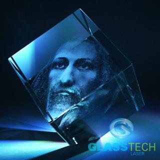 3D portét Ježíše ve skleněné krychli 100 mm se sraženým rohem (Portrét Ježíše)