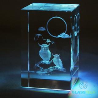 3D sovy ve skl. kvádru 50 x 50 x 80 mm  (Laserované 3D sovy ve skleněném hranolu 50 x 50 x 80 mm)