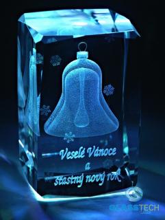 3D Vánoční zvoneček s přáním - těžítko (Laserovaný zvoneček ve skleněném kvádru 50x50x80 mm)