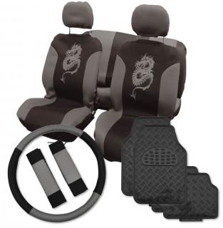Autopotahy do auta Drak, šedý + potah volantu s návleky na bezpečnostní pásy + gumové koberce (Sada potahů a autokoberců)