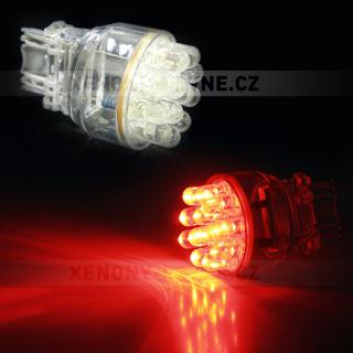 Červená LED žárovka s paticí T20 (3157) dvouvláknová, 12LED, 1ks (LED autožárovka s paticí T20, 21W, 12LED, 1ks)