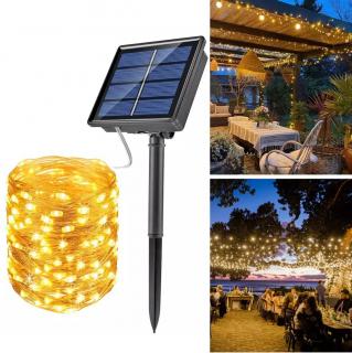 LED solární zahradní girlanda 10m - venkovní osvětlení, teplá bílá 100 LED (Solární vánoční zahradní dekorativní řetěz - drát)
