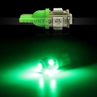 LED T10 zelená, 12V, 5LED/3SMD (Parkovací světlo T10 - 5 x LED/3SMD - bezpaticové, 1ks)