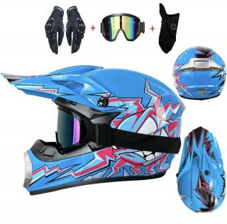 Motokrosová helma MX set modrá s brýlemi rukavicemi a nákrčníkem