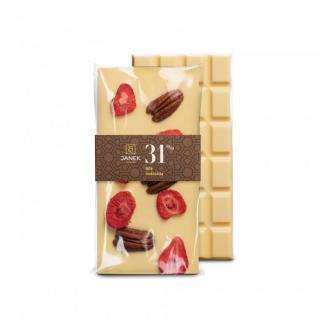 Janek - bílá čokoláda 31% s pekanovými ořechy a lyofilizovanými jahodami (Janek - bílá čokoláda s ořechy a jahodami 95g)