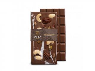 Janek - Mléčná čokoláda 34% - Jankova pečeť (Mléčná čokoláda + kešu, pekanové ořechy, pistácie a papaya  95g)