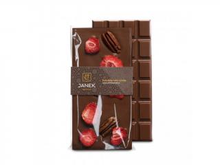 Janek - Mléčná čokoláda 34% s pekanovými ořechy a lyofilizovanými jahodami (Mléčná čokoláda s ořechy a jahodami 95g)