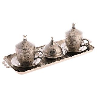 Kávová souprava Double Kalayli - stříbrná (Kávová souprava pro podávání turecké kávy)