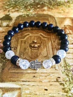 Hamsa náramek z minerálů Avanturin Blue a Křišťál praskaný (Vyrovnanost, harmonie, rovnováha, štěstí, úspěch, láska, pozitivní vibrace, síla, ochrana, rozhodování, soustředění, meditace, odvaha.)