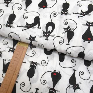 Bavlněné plátno - Kočky černé na bílé - šíře 160cm