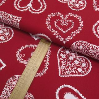 Bavlněné plátno - Srdce bílá na červené - šíře 150cm