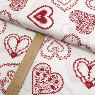 Bavlněné plátno - Srdce červená na krémově bílé - šíře 150cm