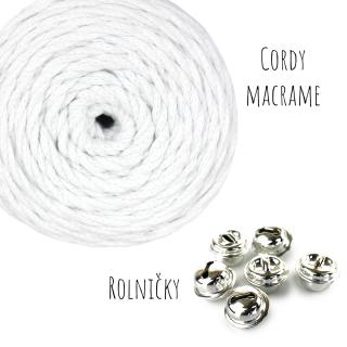 Sada na výrobu 5-ti drhaných koleček - spirálek - z příze Cordy macrame 01 Bílá + stříbrná rolnička