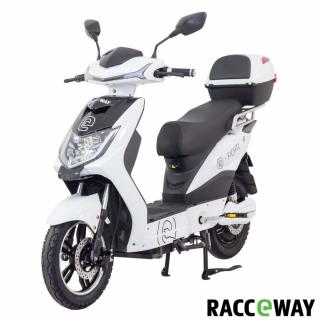 Elektroskútr RACCEWAY® E-FICHTL®, bílý-lesklý s baterií 20Ah (motor 250W, rychlost 25km/h, dojezd 60km, šlapací pedály, led osvětlení, olověná vyjímatelná baterie, dálkové ovládání s alarmem, kufr, nosič, nosnost 120kg)