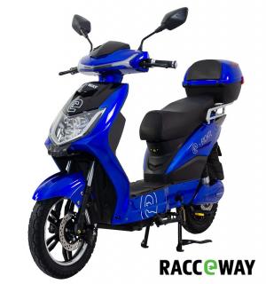 Elektroskútr RACCEWAY® E-FICHTL®, modrý-lesklý s baterií 12Ah (motor 250W, rychlost 25km/h, dojezd 40km, šlapací pedály, led osvětlení, olověná vyjímatelná baterie, dálkové ovládání s alarmem, kufr, nosič, nosnost 120kg)