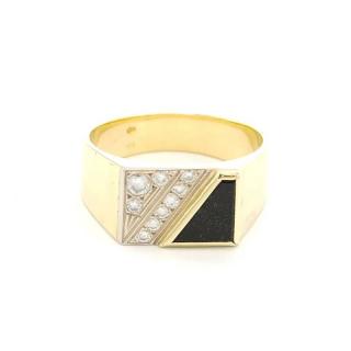 Zlatý pánský prsten s brilianty a černým kamenem chalcedonem 8,50g