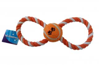 Balónek na provazu - 28 cm (Zábavná hračka pro aktivní psí mazlíčky. Oranžový tenisový míček připevněný na bavlněném laně ve tvaru osmičky.)