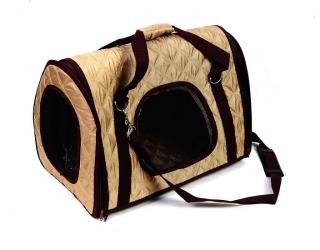 Béžová přepravní taška na psa - 43x25 cm (Béžovo-hnědá přepravní taška na zip. Má rozměry 43x25 cm a je tedy vhodnější pro menší psí plemena.)