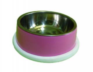 Růžová miska pro psy - 14,5x5 cm (Nerezová miska v růžovém melaminovém obalu. Miska má průměr 14,5 cm a výšku 5 cm. Objem misky je 330 ml. Miska se dá z plastového obalu vyjmout a lehce umýt. )