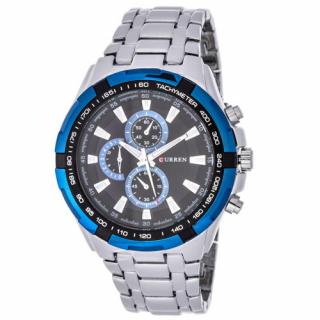 CURREN - TACHYMETER BLUE (Luxusní pánské hodinky uspokojí každého náročného muže. Hodinky mají stříbrný řemínek a nádherné modré pouzdro ciferníku. Tyto hodinky se hodí jak ke košily tak i ke sportovnějšímu looku.)