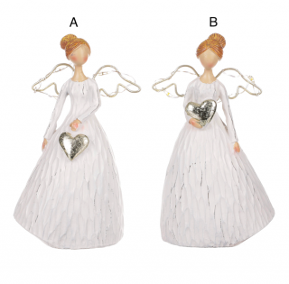 Anděl se svítícími křídly a srdíčkem mix 2 druhů (Figurka anděl v bílém provedení se svítícími křídly a srdíčkem. Mix druhů, materiál polyresin.)