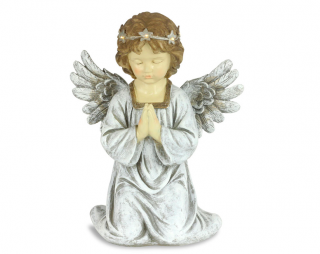 Anděl šedý se svítícím věnečkem LED  (Dekorace anděl šedý na postavení s LED světlem)