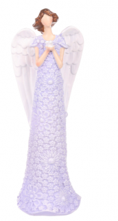 Andělka ve fialových šatech s ptáčkem 20 cm (Figurka andělky ve fialových šatech s motivem květen, s holubičkou v náručí. Výška 20 cm, materiál polyresin.)