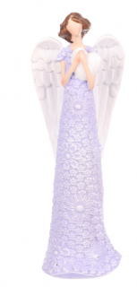 Andělka ve fialových šatech se srdíčkem 20 cm (Figurka andělky ve fialových šatech s motivem květen, držící srdíčko v náručí. Výška 20 cm, materiál polyresin.)